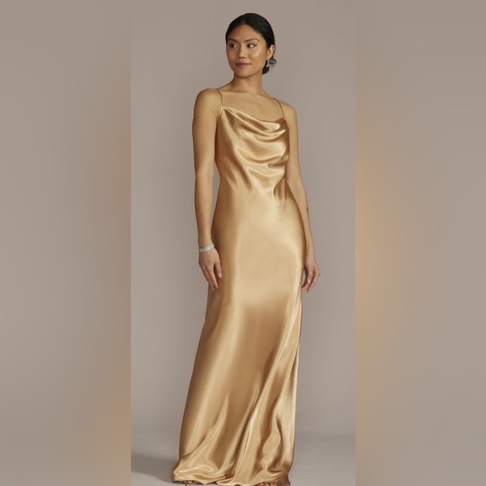 David’s Bridal Galina Signature Silk Charmuse Cowl Neck Golden Dress